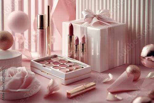 Elegant makeup palette and tools arranged on a pink background with gifts