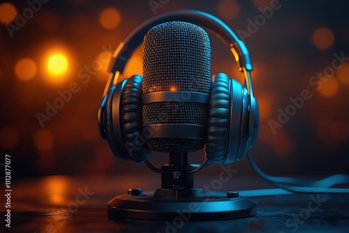 Microphone and Headphones on Stand on Dark Background for Podcast or Talk Show photo