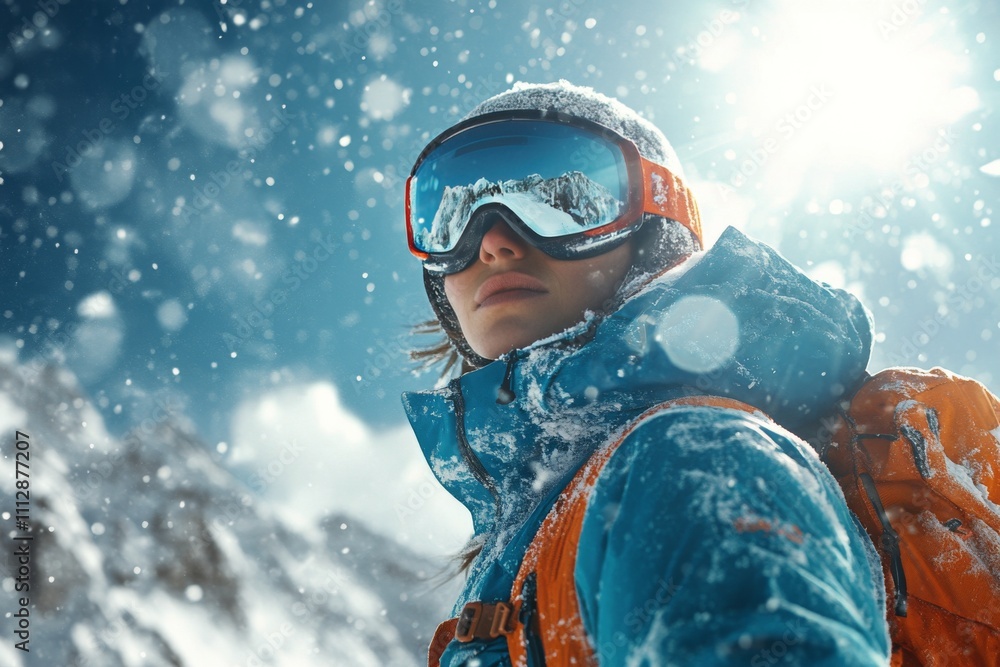 Snowy mountain adventure with skier wearing goggles and winter gear under bright sun Snowy mountain adventure with skier wearing goggles and winter gear under bright sun