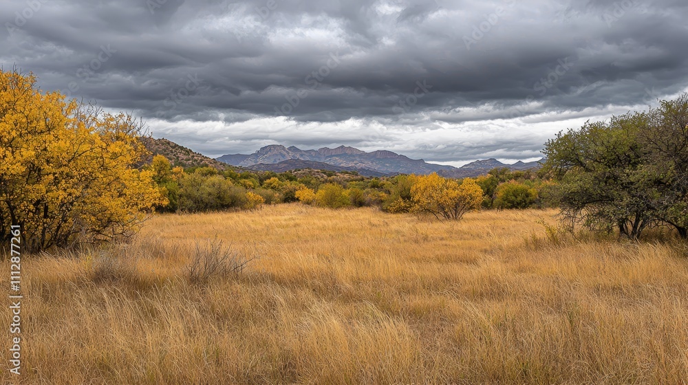 A grassy field with trees and mountains in the background A grassy field with trees and mountains in the background