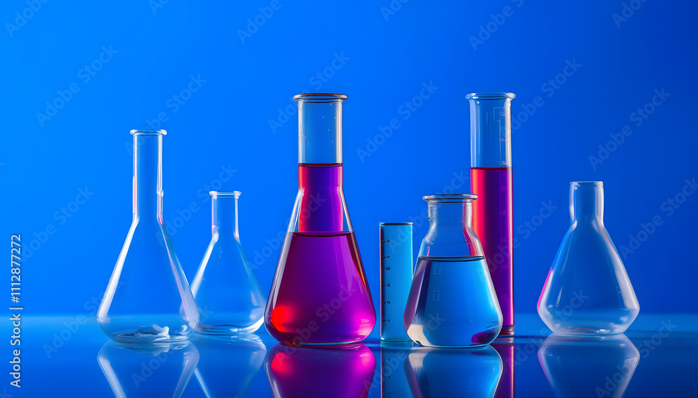 Laboratory investigations. Glass tubes and beakers on blue background isolated with white highlights, png Laboratory investigations. Glass tubes and beakers on blue background isolated with white highlights, png