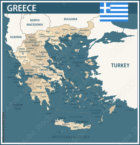 Greece Map Vector Vintage Dark Blue Beige - Customizable layered political map of Greece with administrative divisions for website, education, reports, news, politics, print, poster and wallpaper