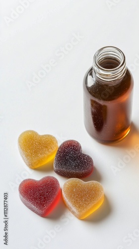 Colorful heart shaped gummies beside a bottle of syrup on a white surface