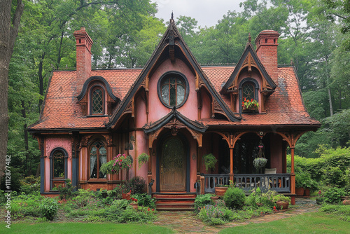 Quaint Pink Cottage Nestled Amongst Lush Green Trees photo