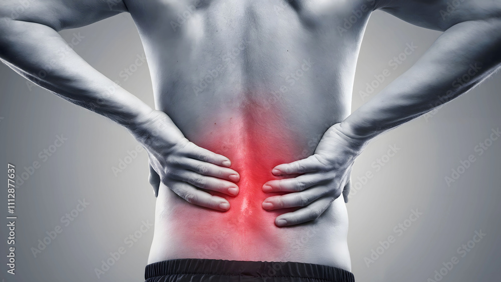Naklejka premium Grayscale Image Highlighting Lower Back Pain with Red Marked Area and Muscular Upper Back