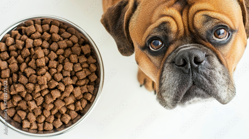 A dog looking up at a bowl of dry dog food A dog looking up at a bowl of dry dog food