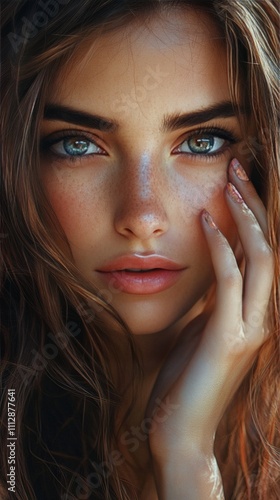 Stunning young woman with striking green eyes and natural makeup posing grace...
