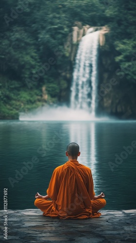 Calm meditation by a serene waterfall in a tranquil natural setting