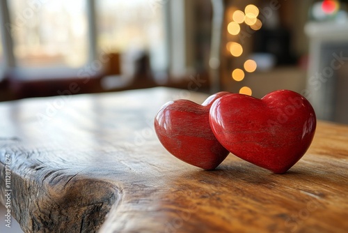 Two red hearts on a wooden surface with a soft bokeh background in natural light