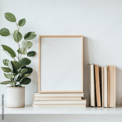 Minimalist shelf display featuring plant, empty frame, and stacked books in n...