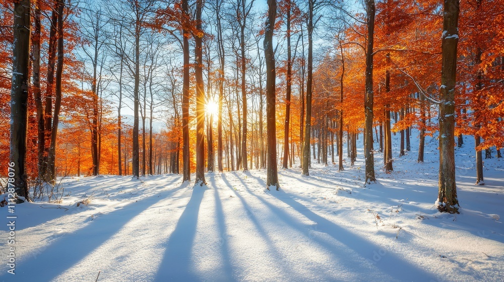 The sun is shining through the trees in the snow The sun is shining through the trees in the snow