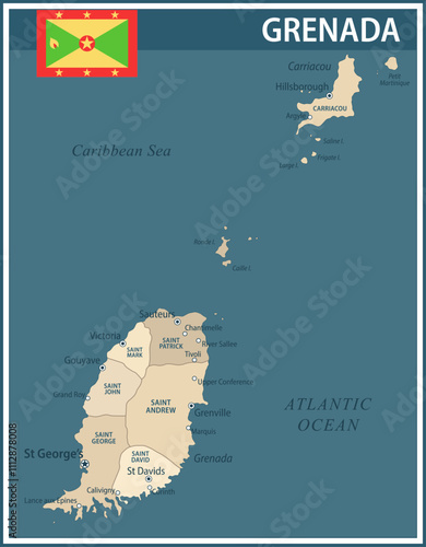 Grenada Map Vector Vintage Dark Blue Beige - Customizable layered political map of Grenada with administrative divisions for website, education, reports, news, politics, print, poster and wallpaper