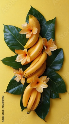 Ripe bananas and plantains against a vibrant yellow background surrounded by ...