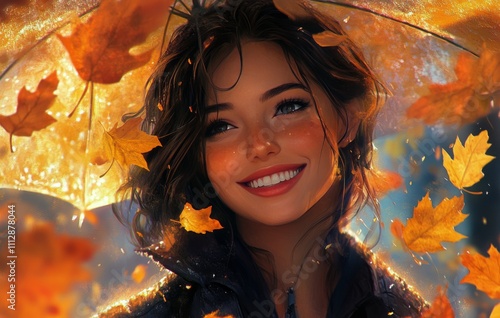 Smiling girl surrounded by autumn leaves during golden hour in a serene outdo...