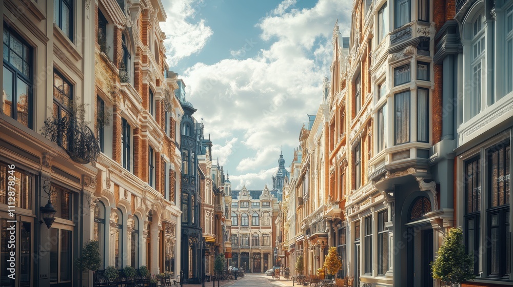 A picturesque street lined with elegant buildings under a blue sky. A picturesque street lined with elegant buildings under a blue sky.