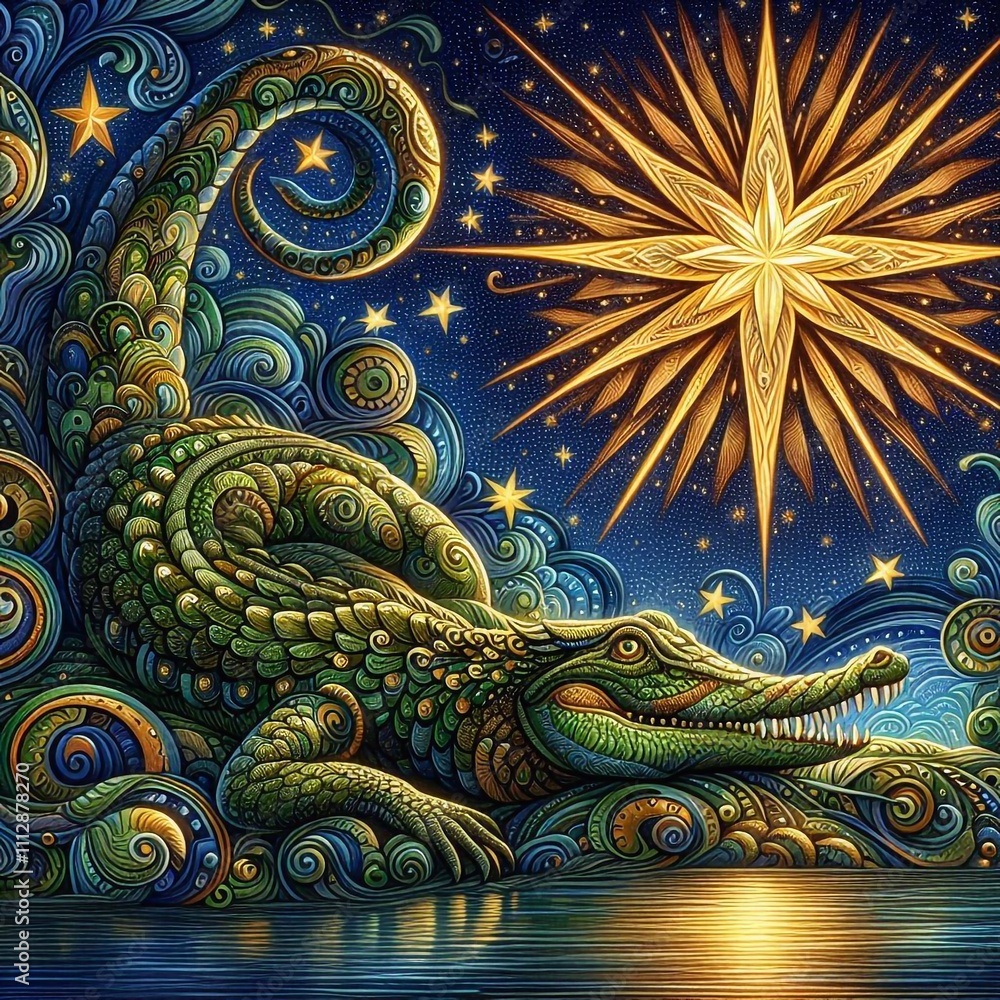 Fototapeta premium Dreamy Crocodile Under the Evening Star in an Enchanted River