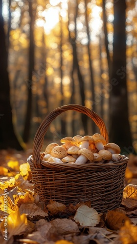 Autumn forest setting with a basket full of freshly picked mushrooms on the g...
