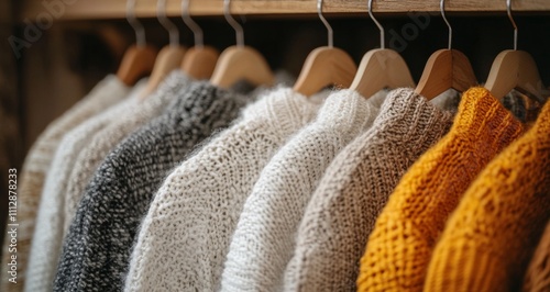 Soft knitted sweaters displayed on wooden hangers in a cozy shop