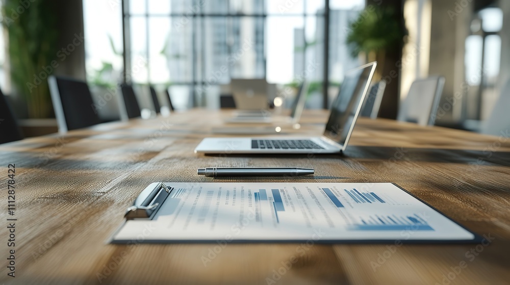 A minimalistic office setting with an elegant wooden conference table, laptops, and stylish pens on top of financial reports. A minimalistic office setting with an elegant wooden conference table, laptops, and stylish pens on top of financial reports.