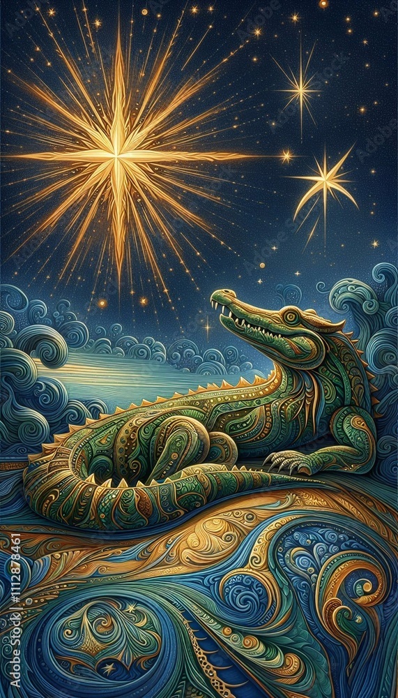 Fototapeta premium Dreamy Crocodile Under the Evening Star in an Enchanted River