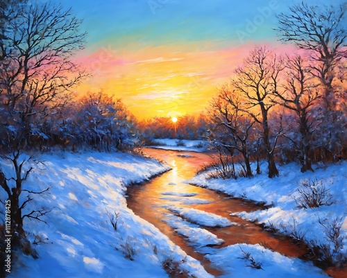 Winter landscape with river, sunset (or sunrise). Creator Artist Nadia Russ.
