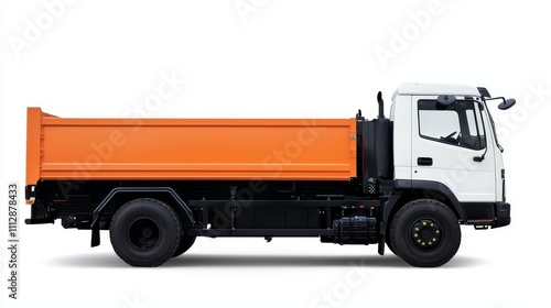 A white and orange dump truck on a white background