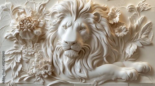 Fototapeta Naklejka Na Ścianę i Meble -  White lion bas-relief sculpture amidst floral carvings.