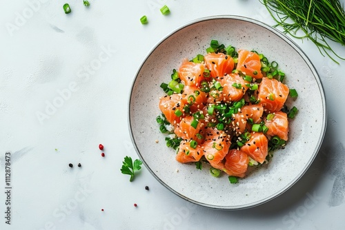 Fresh salmon salad with green onions and cilantro on a white plate