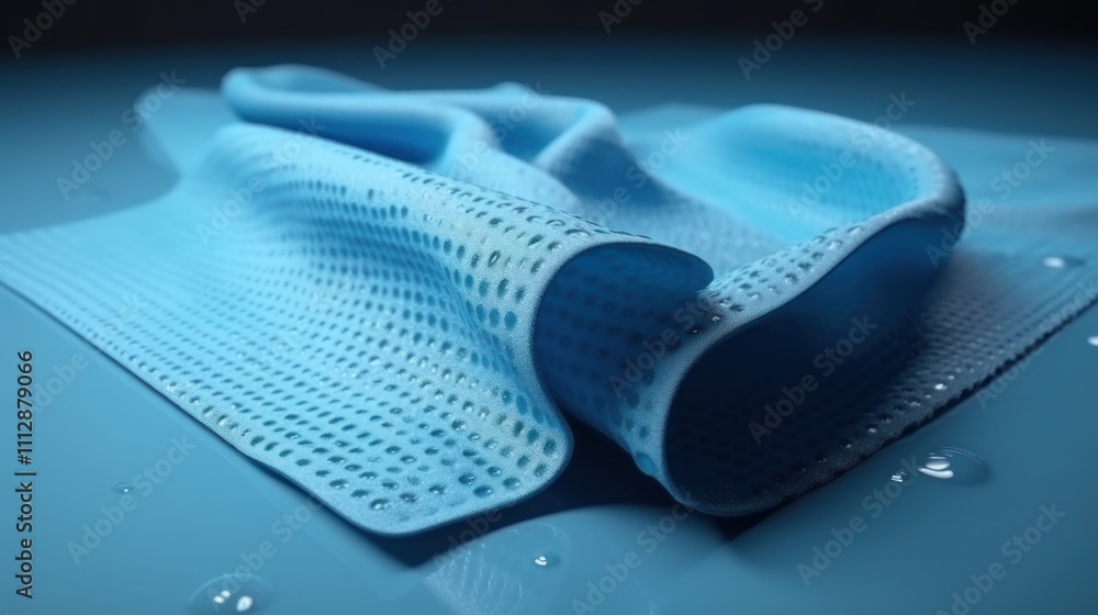 Close-up of a Blue Hydrophobic Fabric, Water Droplets Adhering to the Surface, Highlighting its Water-Repellent Properties Close-up of a Blue Hydrophobic Fabric, Water Droplets Adhering to the Surface, Highlighting its Water-Repellent Properties