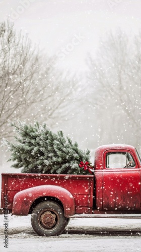 Vintage red truck transporting Christmas tree through snowy landscape in wint...