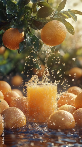 Juicy oranges falling into fresh juice surrounded by ripe oranges in a sunny ...