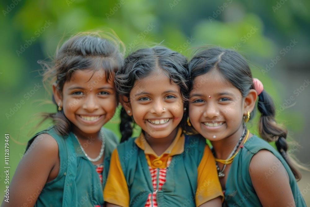 Fototapeta premium Three Portrait Girls smiling in school 1st January 2000 Medinipur West bengal India