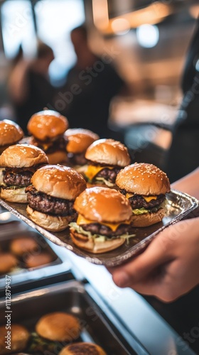 Delicious sliders served on a platter at a busy restaurant during lunch hour