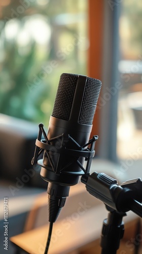 Microphone set up in a modern living room with natural light streaming throug...
