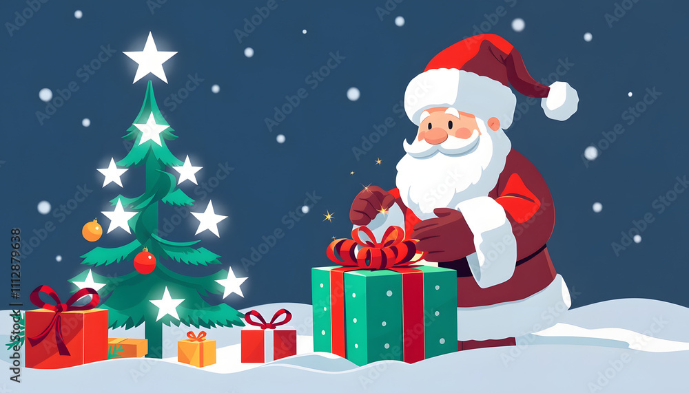 Santa Claus Opening Christmas Present With Magic Stars On Tree isolated with white highlights, png Santa Claus Opening Christmas Present With Magic Stars On Tree isolated with white highlights, png