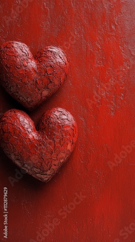 Red yarn hearts on a vibrant red background for creative decoration or gifts