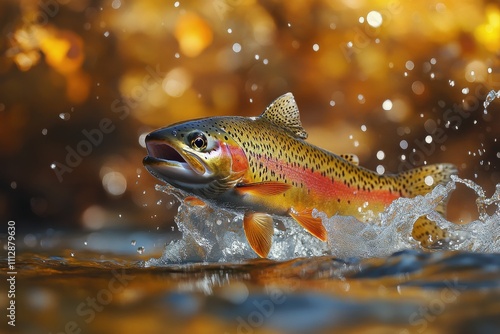 Rainbow trout leaping from a clear stream surrounded by autumn foliage