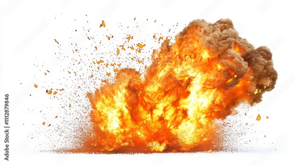 A large explosion of orange and yellow smoke on a white background A large explosion of orange and yellow smoke on a white background