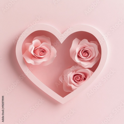 Heart shaped display with pink roses against a soft pink background for decor...