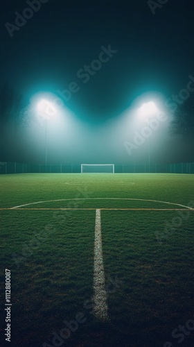Nighttime soccer field illuminated by floodlights under a hazy sky