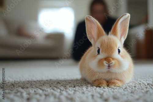 Cute fluffy rabbit resting on a soft carpet in a cozy indoor setting