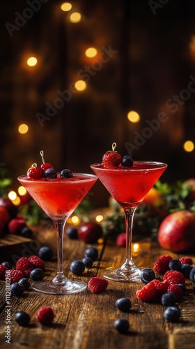 Refreshing cocktails served in elegant glasses with fresh fruits and herbs on...