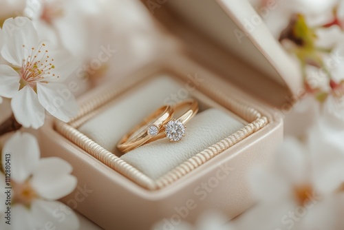 Elegant wedding rings displayed on soft cushion surrounded by delicate blooms