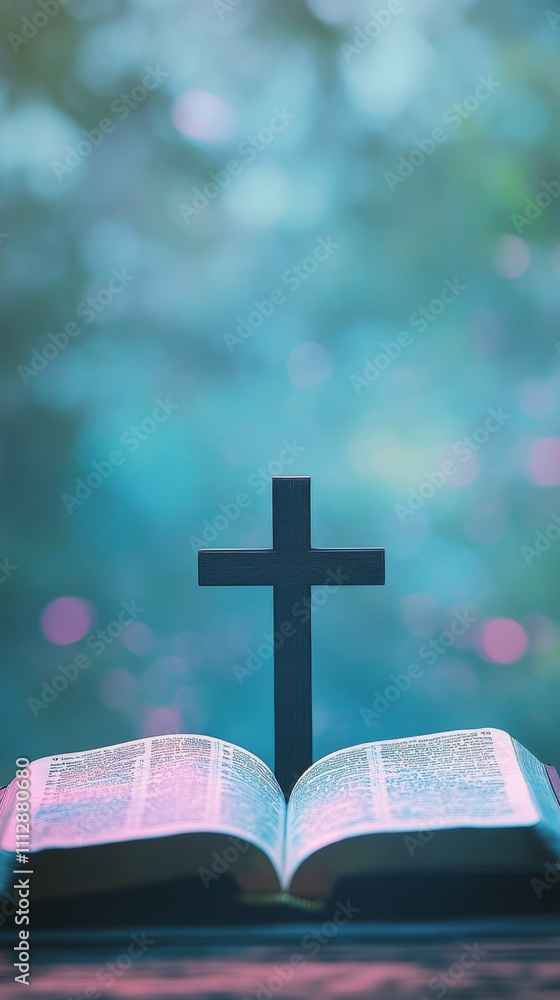 Reflection on faith with an open Bible and a wooden cross in soft natural light Reflection on faith with an open Bible and a wooden cross in soft natural light