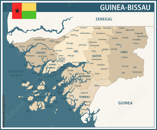 Guinea-Bissau Map Vector Vintage Dark Blue Beige - Customizable layered political map of Guinea-Bissau with administrative divisions for website, education, reports, news, politics, print, poster
