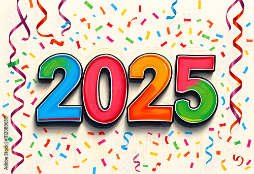 Get ready to party into 2025! This eye-catching Happy New Year's 2025 sign is surrounded by festive confetti and streamers, making it the perfect addition to your celebrations. photo