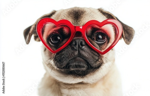 Pug wearing heart shaped sunglasses poses for a playful portrait in a studio ...