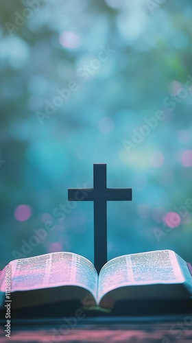 Reflection on faith with an open Bible and a wooden cross in soft natural light