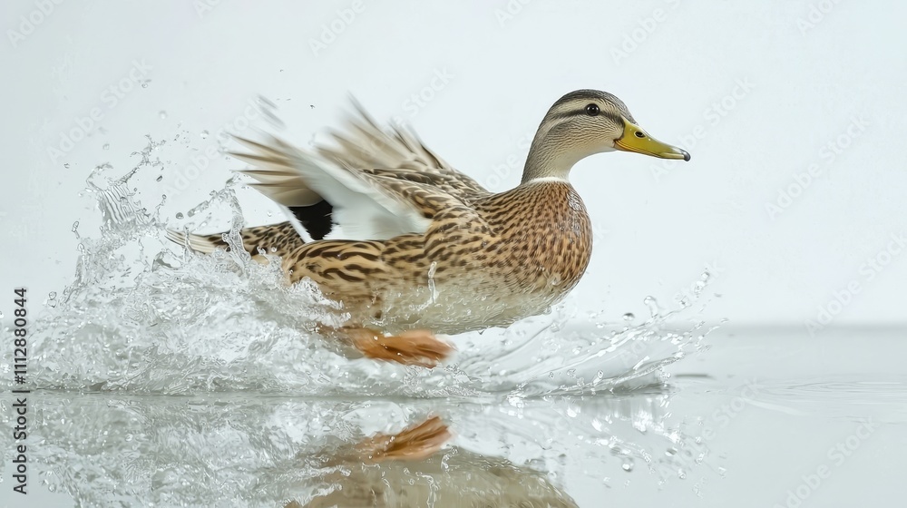 Obraz premium A duck splashing in the water on a cloudy day