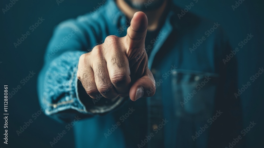 A man in a blue shirt is pointing his finger at the camera A man in a blue shirt is pointing his finger at the camera